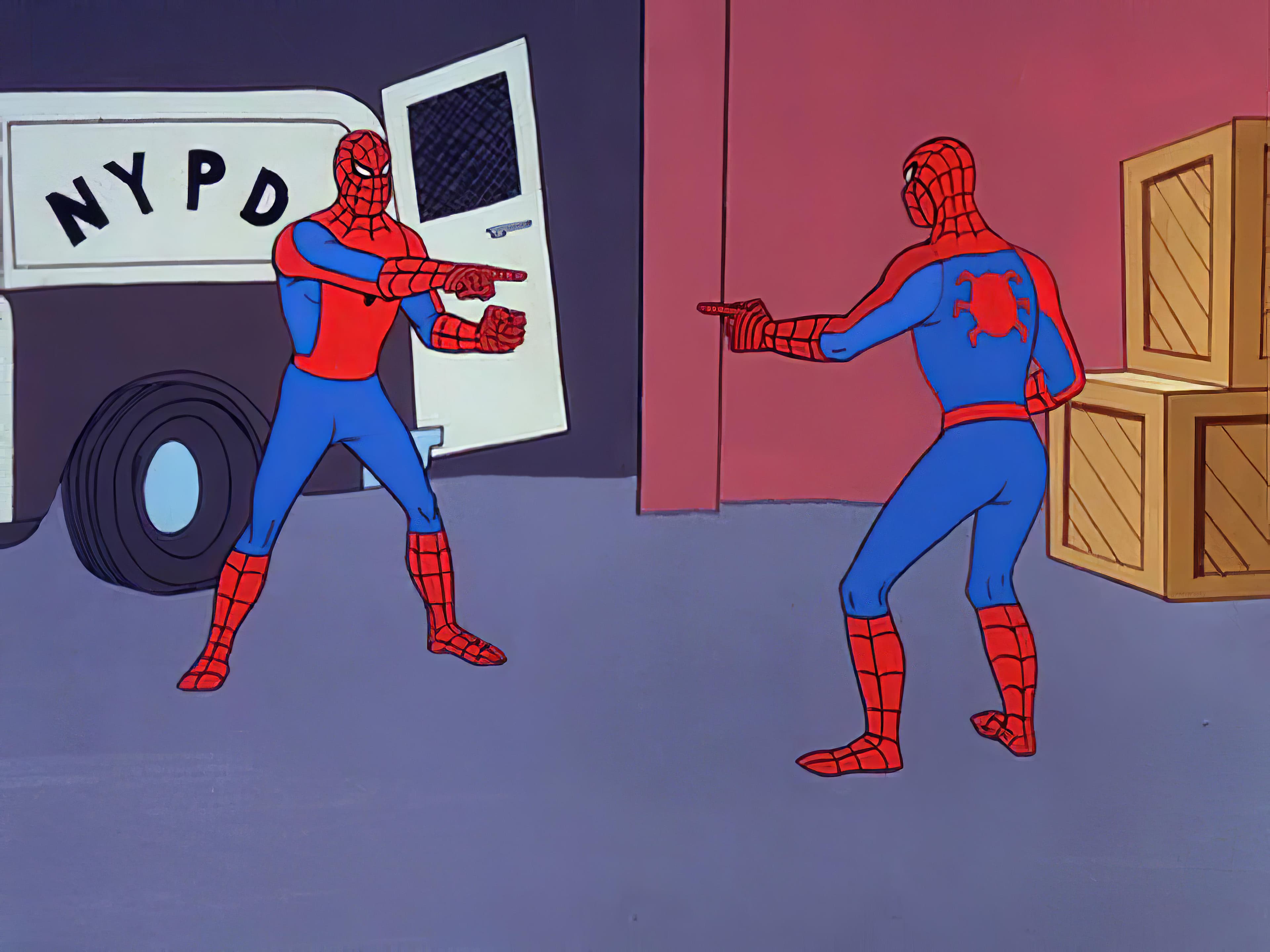 Two Spider-Man characters pointing at each other